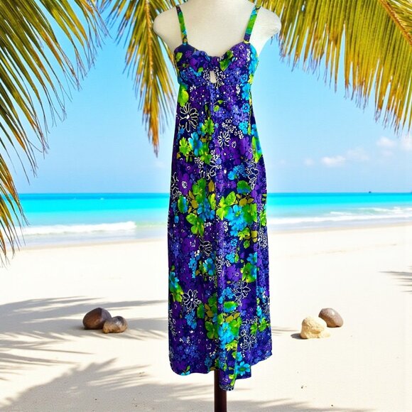 Vintage Hawaiian Floral Rockabilly Tie Front Handmade Maxi Tiki Dress - Picture 1 of 10